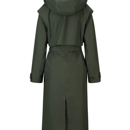 dark green long waterproof trench coat with magnetic closure and belted tabs on the cuffs rear view