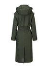 dark green long waterproof trench coat with magnetic closure and belted tabs on the cuffs rear view
