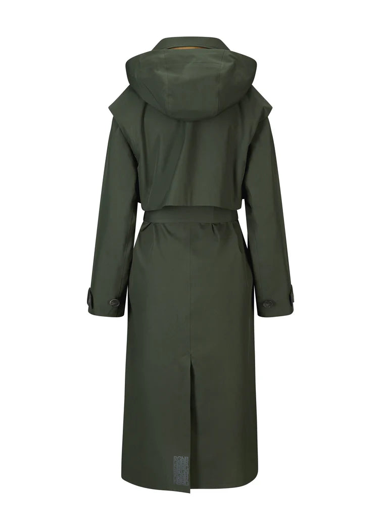 dark green long waterproof trench coat with magnetic closure and belted tabs on the cuffs rear view