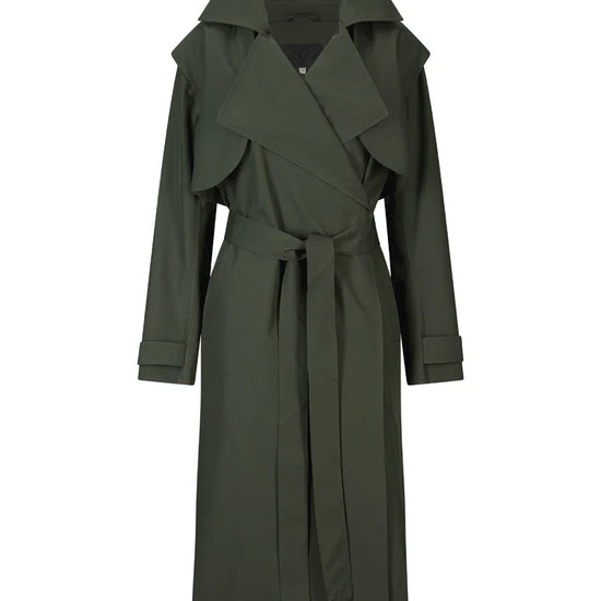 dark green long waterproof trench coat with magnetic closure and belted tabs on the cuffs