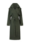 dark green long waterproof trench coat with magnetic closure and belted tabs on the cuffs