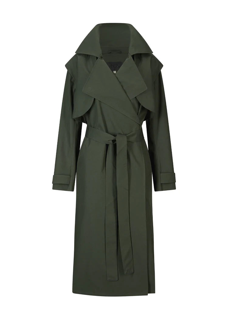 dark green long waterproof trench coat with magnetic closure and belted tabs on the cuffs
