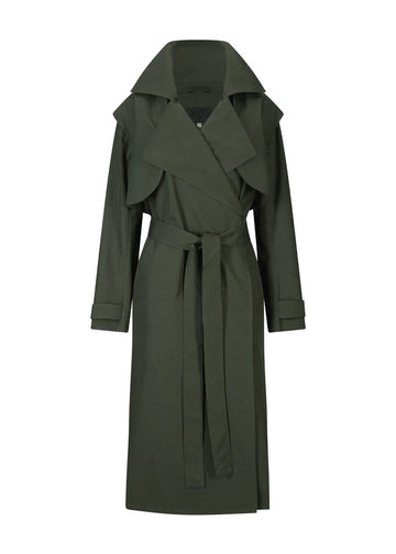 dark green long waterproof trench coat with magnetic closure and belted tabs on the cuffs