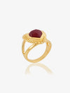 gold heart shaped adjustable ring  with red stone inside from rachel jackson model shot