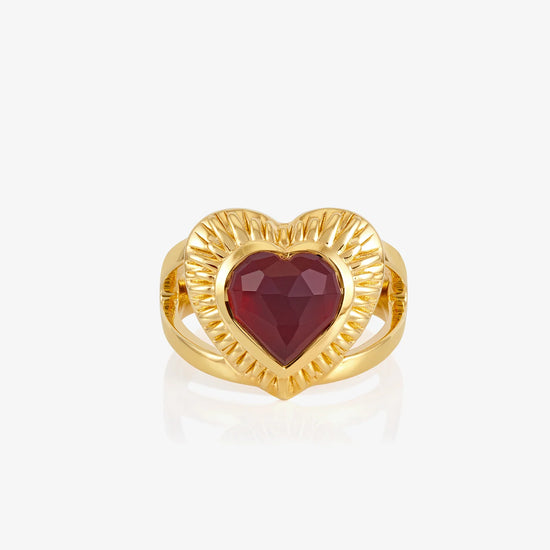 gold heart shaped adjustable ring  with red stone inside from rachel jackson