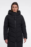 Woman wearing a black puffer coat on a white background