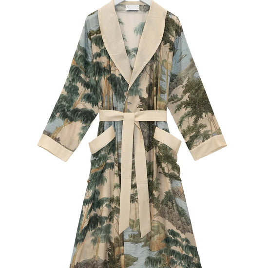 dressing gown with beige lapels/edging and green/blue tree and rivers print from one hundred stars
