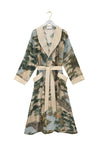 dressing gown with beige lapels/edging and green/blue tree and rivers print from one hundred stars