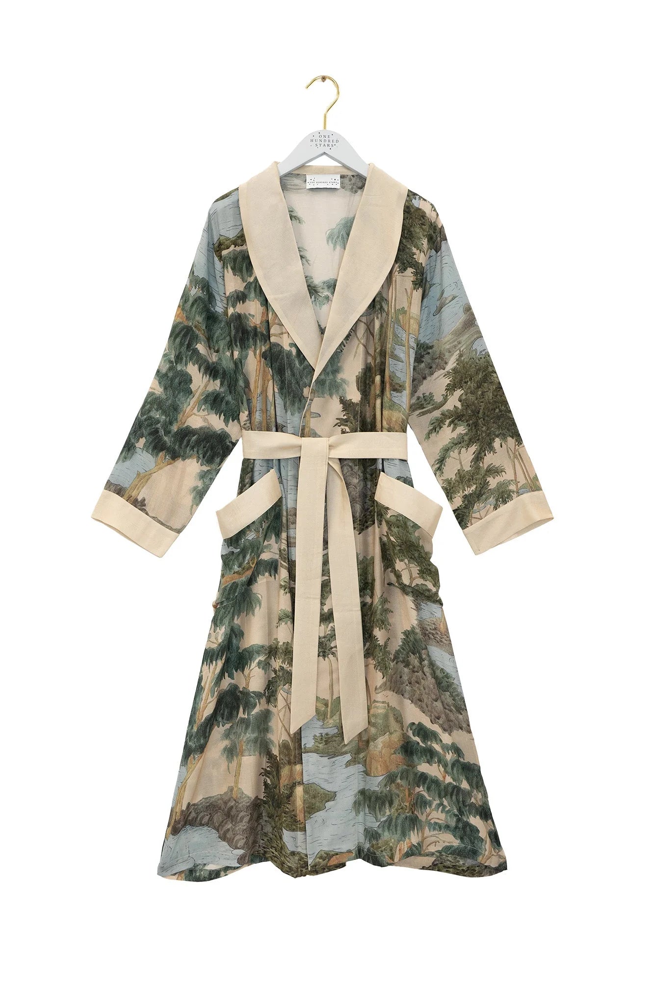 dressing gown with beige lapels/edging and green/blue tree and rivers print from one hundred stars