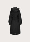 Long black coat with tie on white background rear view