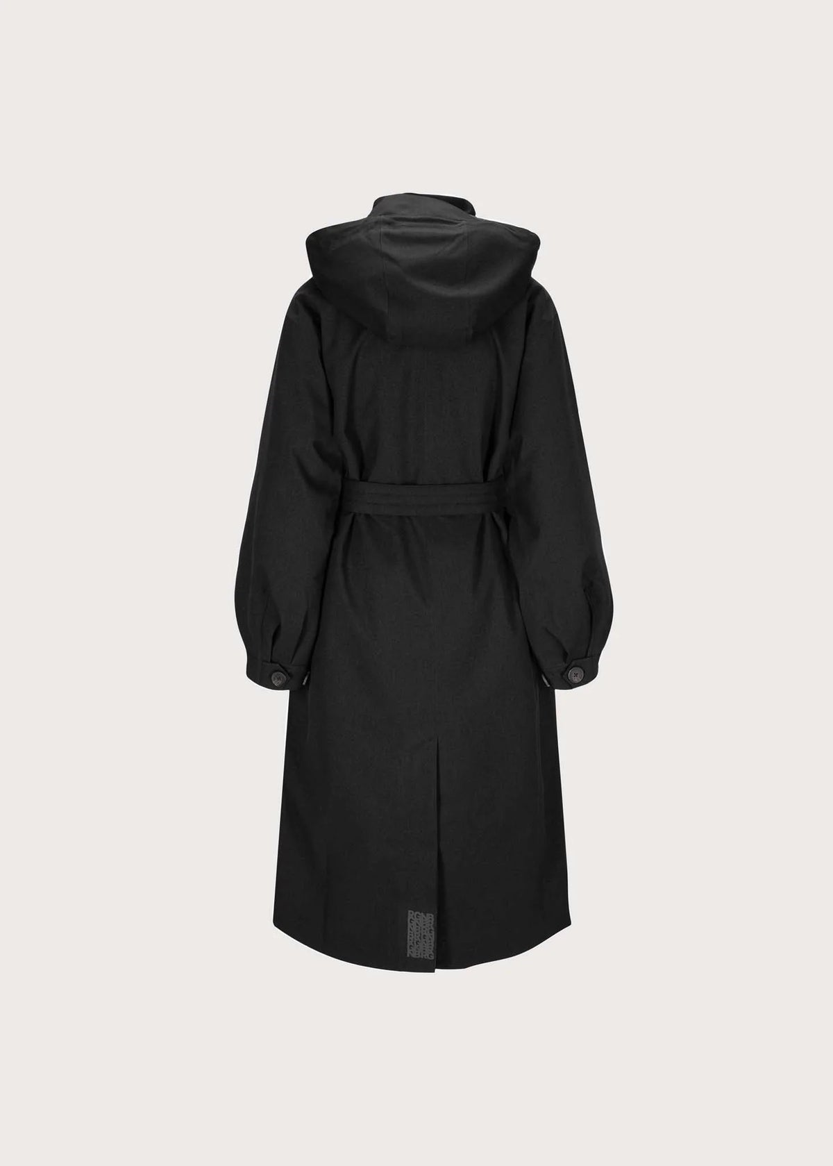 Long black coat with tie on white background rear view