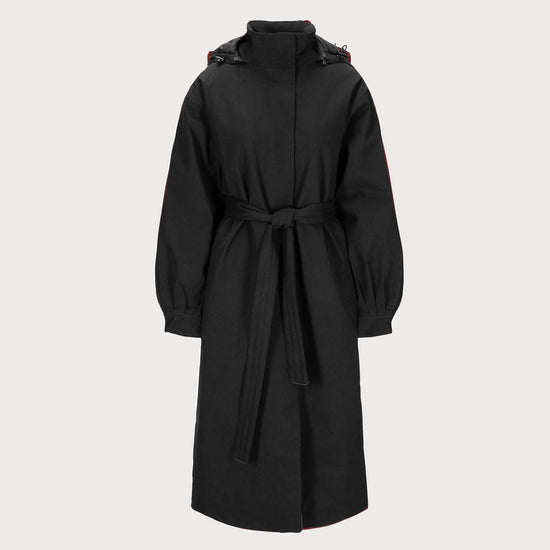 Long black coat with tie on white background