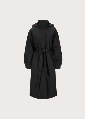 Long black coat with tie on white background