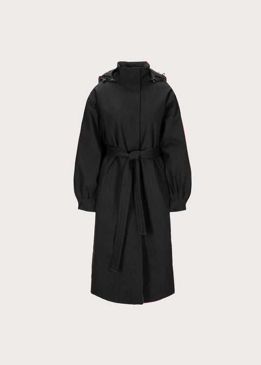 Long black coat with tie on white background