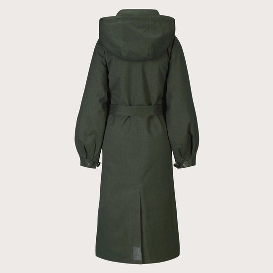 An olive green hooded coat with a matching waist belt, shown from the back against a light gray background.