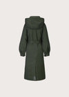 An olive green hooded coat with a matching waist belt, shown from the back against a light gray background.