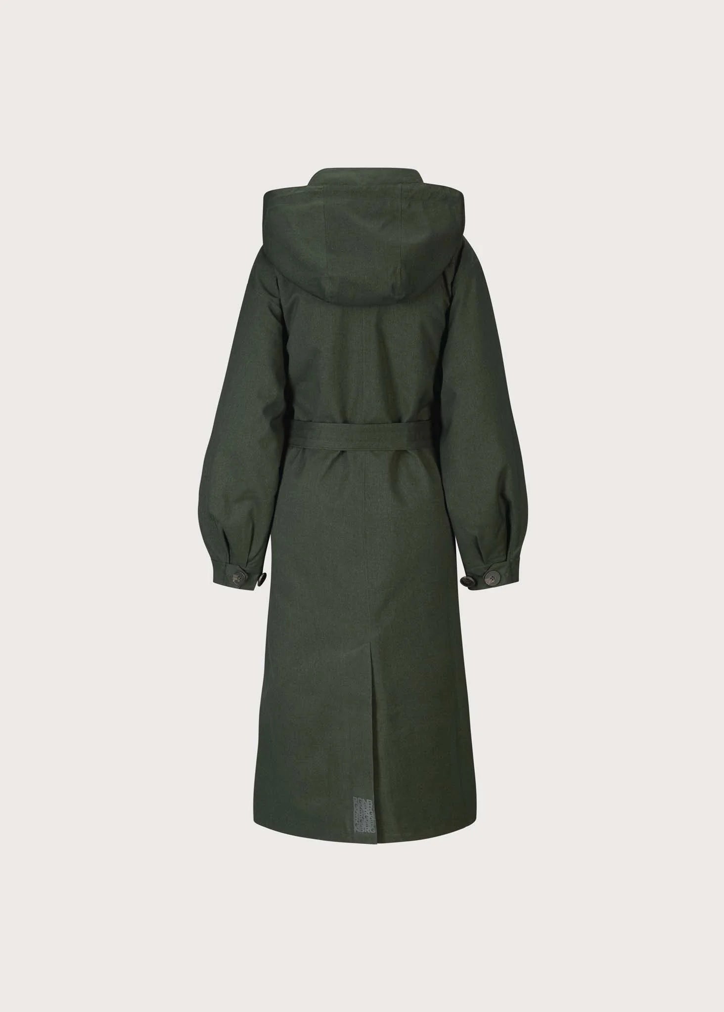 An olive green hooded coat with a matching waist belt, shown from the back against a light gray background.