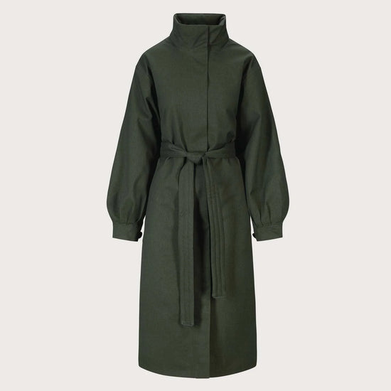 An olive green longline coat with a high stand collar, long sleeves, and a matching waist tie, shown against a solid light gray background.