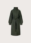 An olive green longline coat with a high stand collar, long sleeves, and a matching waist tie, shown against a solid light gray background.