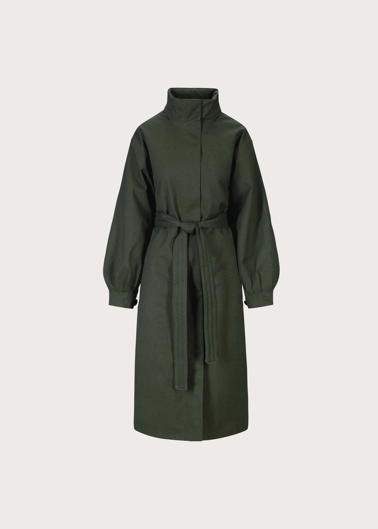 An olive green longline coat with a high stand collar, long sleeves, and a matching waist tie, shown against a solid light gray background.