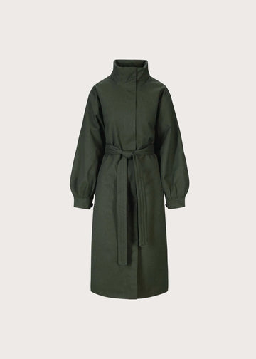 An olive green longline coat with a high stand collar, long sleeves, and a matching waist tie, shown against a solid light gray background.
