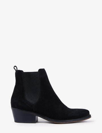 Side view of lack suede boot on white background