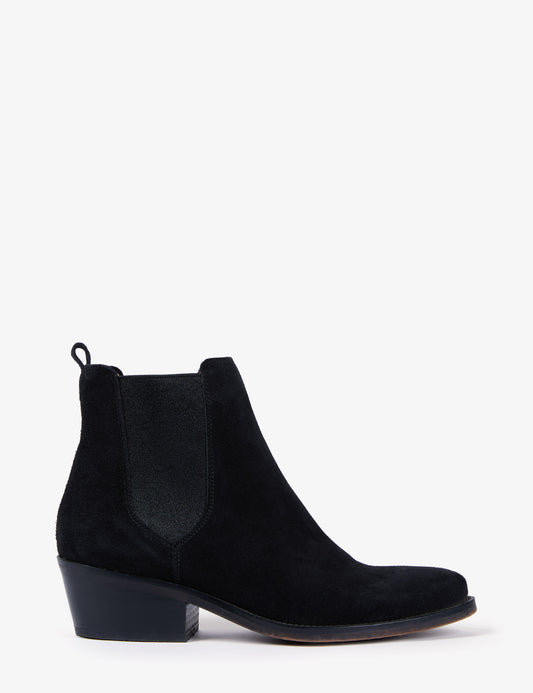 Side view of lack suede boot on white background