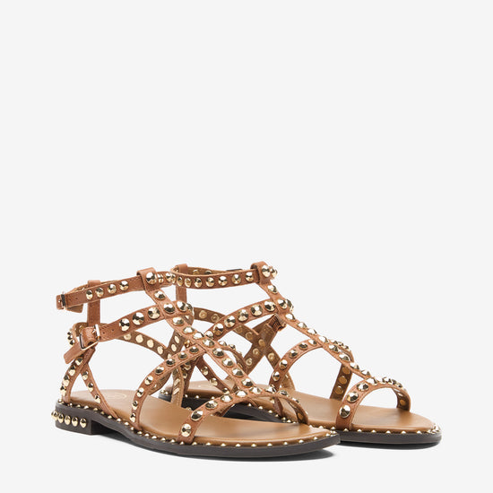 Pair of tan sandals with metallic accents on a white background