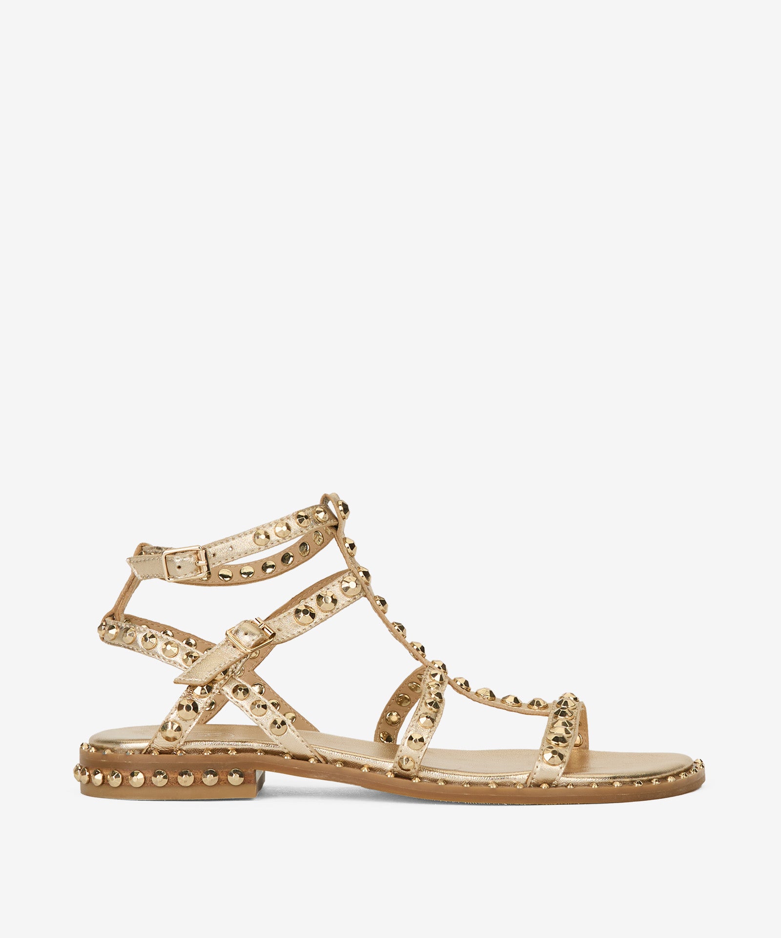 Gold sandal with gold studs on a white background side profile 