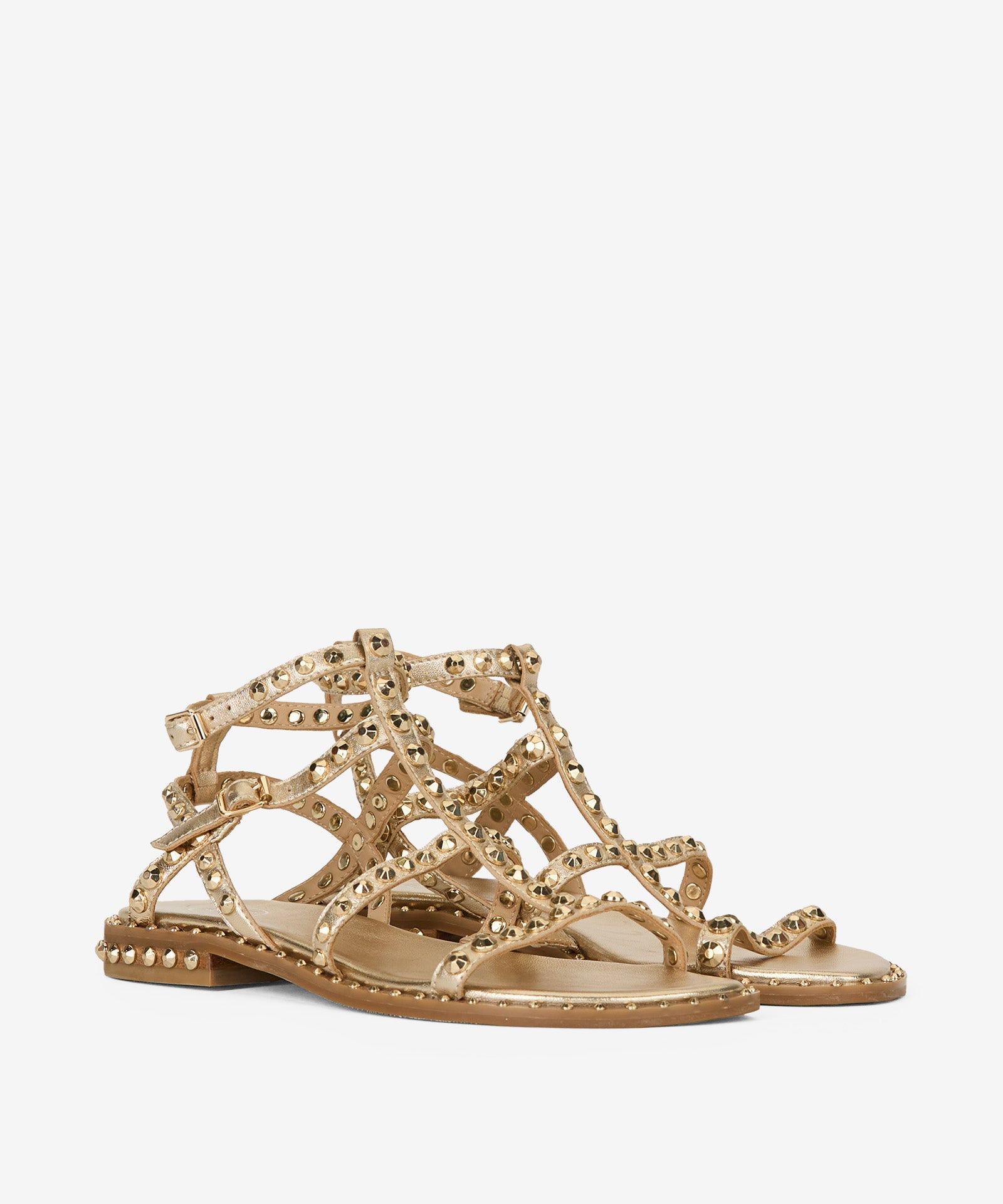 Gold sandal with gold studs on a white background alternate angle