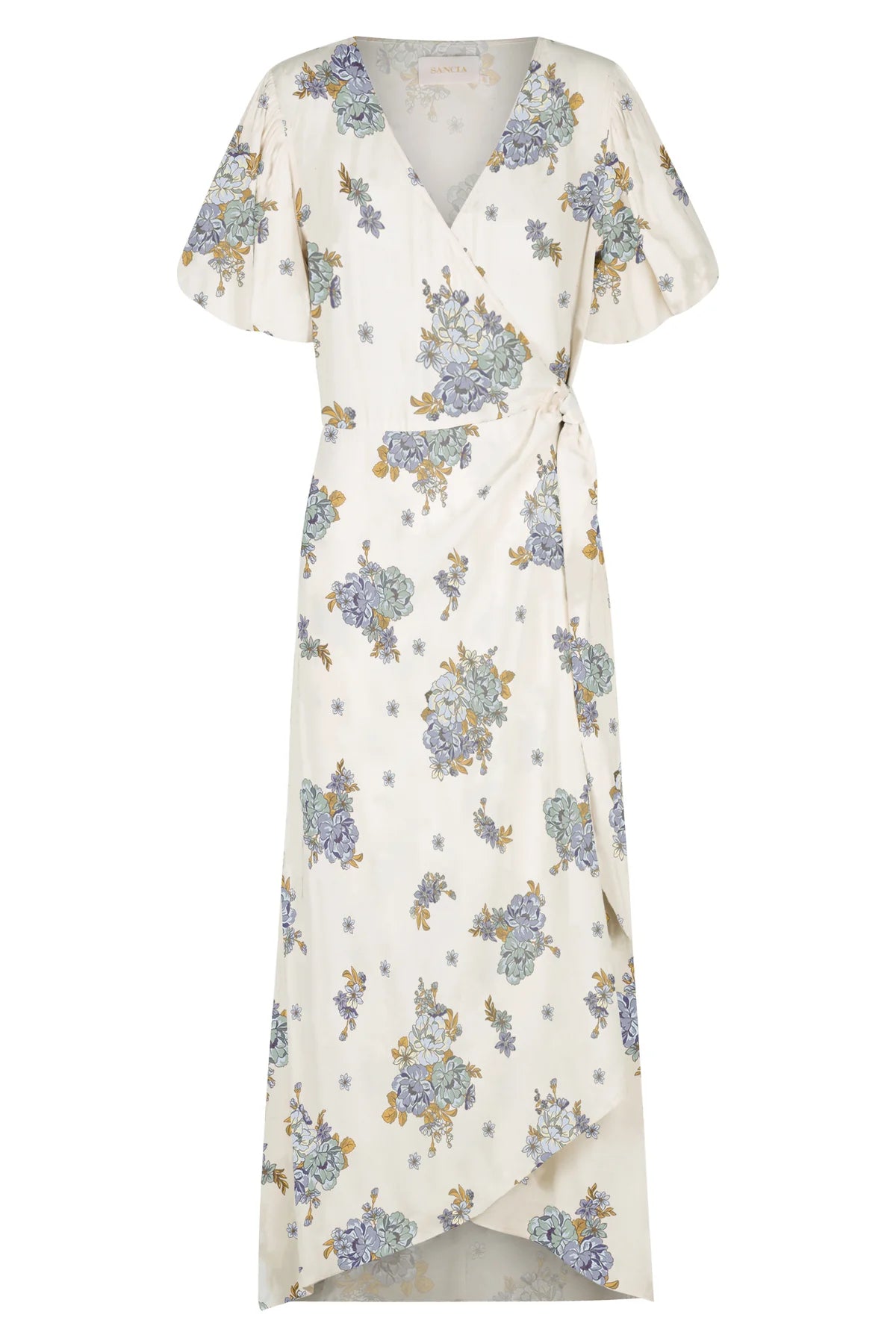 Cream V neck wrap dress with short puff sleeves and floral print