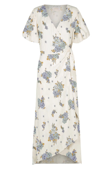 Cream V neck wrap dress with short puff sleeves and floral print