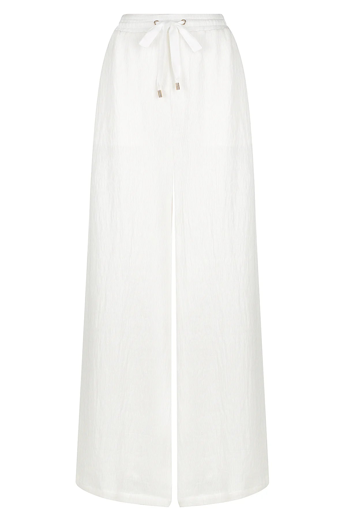 White wide leg trousers with elasticated waistband and drawstring with crinkle fabric