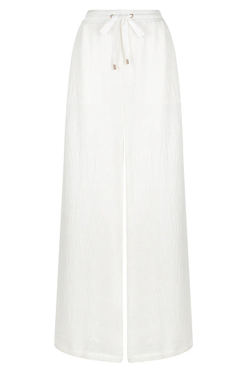 White wide leg trousers with elasticated waistband and drawstring with crinkle fabric