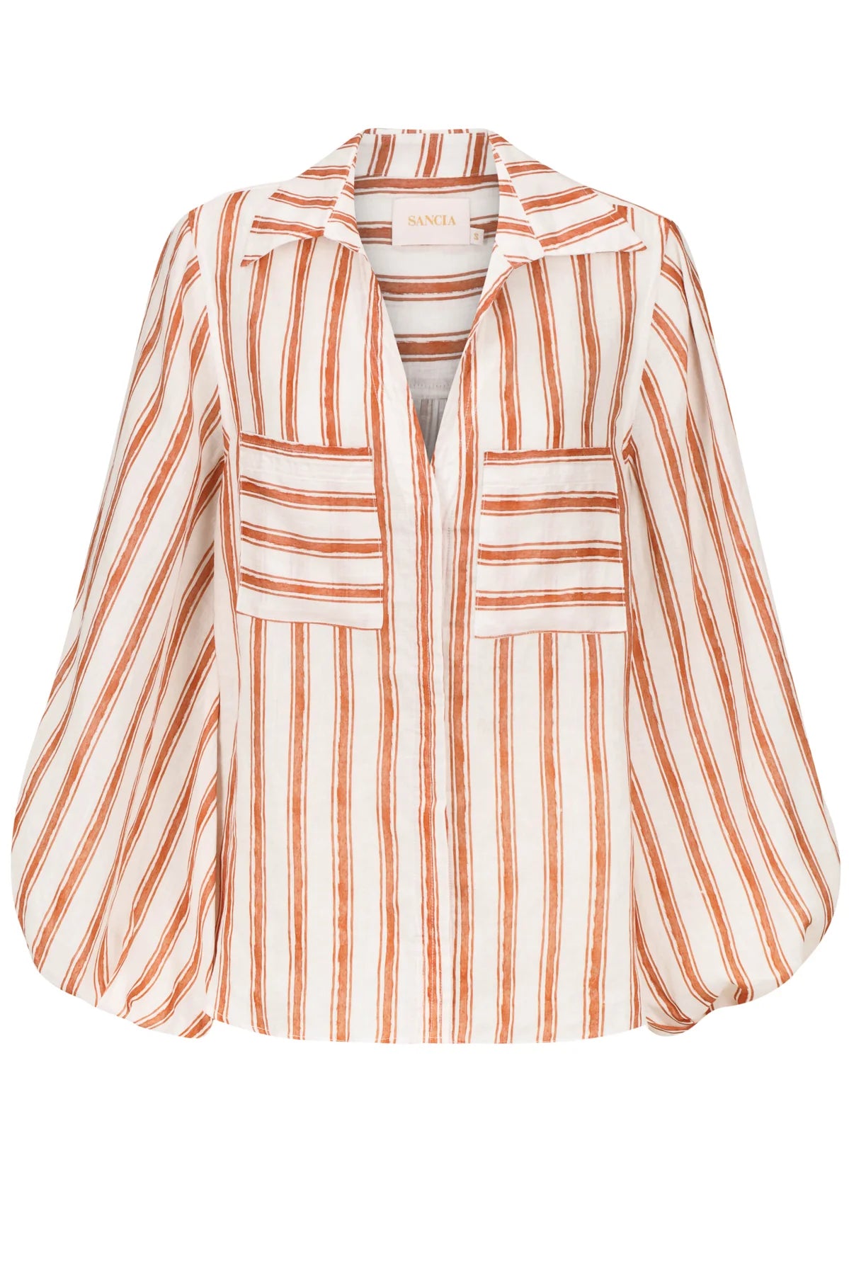Brown and white striped linen shirt with balloon sleeves