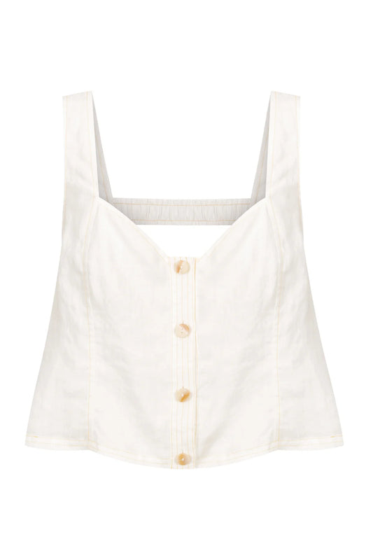 White linen button front top with elasticated strap at back