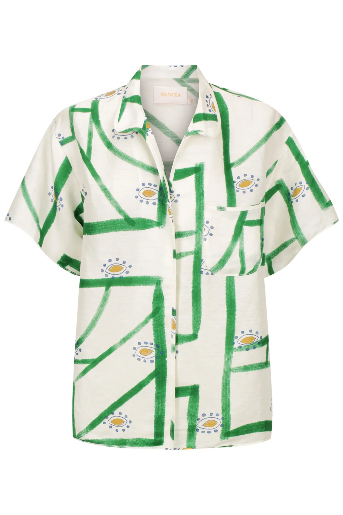 White short sleeved shirt with a green print