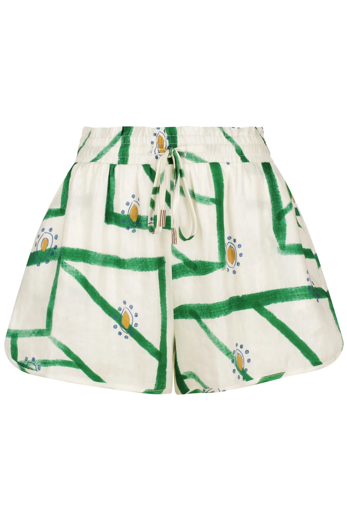 White shorts with a green and gold design with elasticated waist