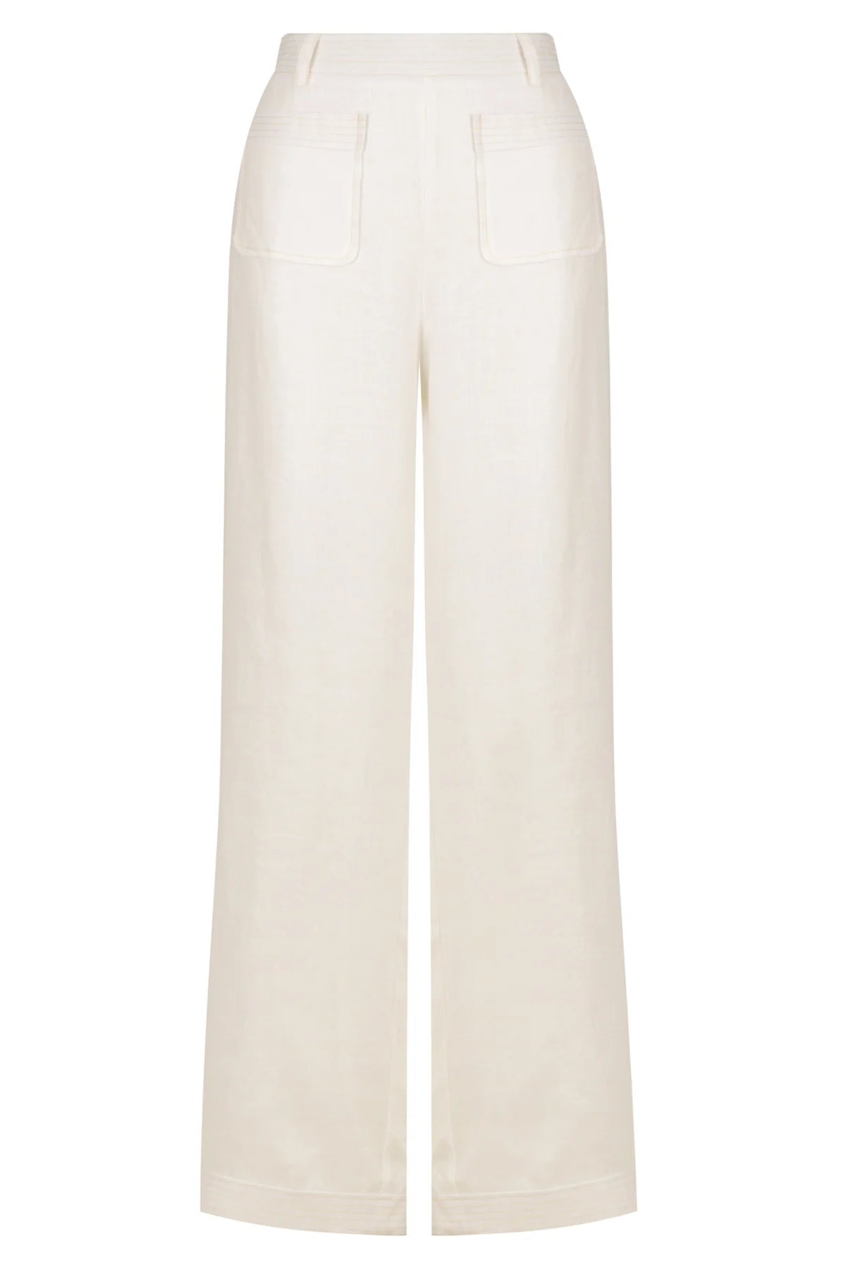 White linen trousers with patch pockets and top stitching