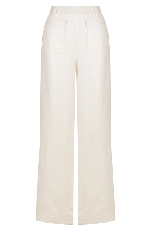 White linen trousers with patch pockets and top stitching