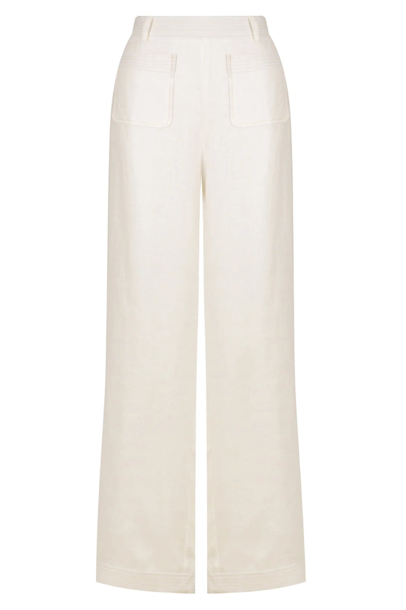 White linen trousers with patch pockets and top stitching