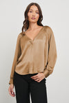 Satin viscose v neck blouse with a v neck in camel