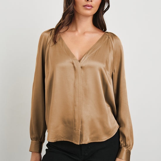 Satin V neck blouse in camel with long sleeves