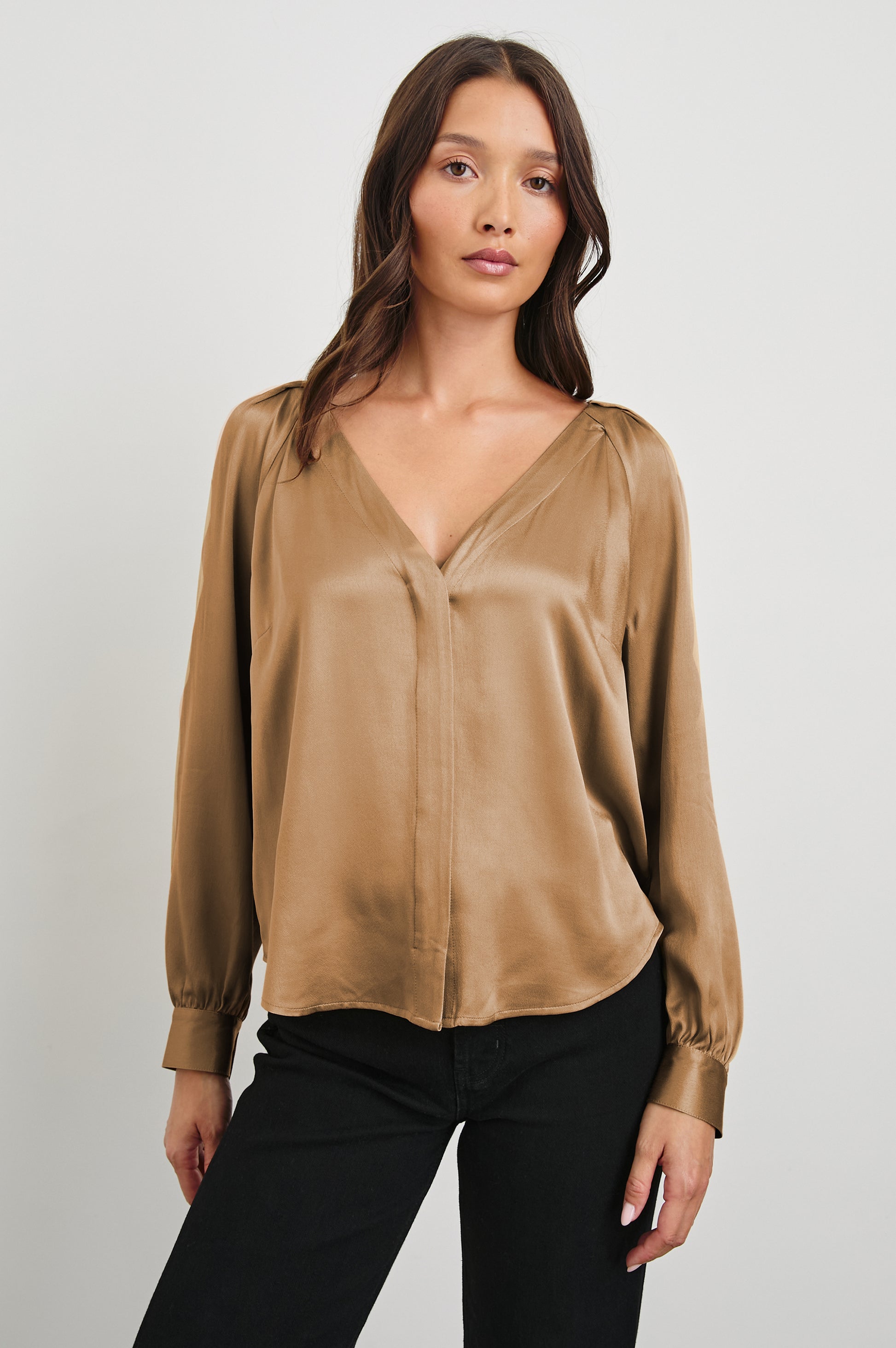 Satin V neck blouse in camel with long sleeves