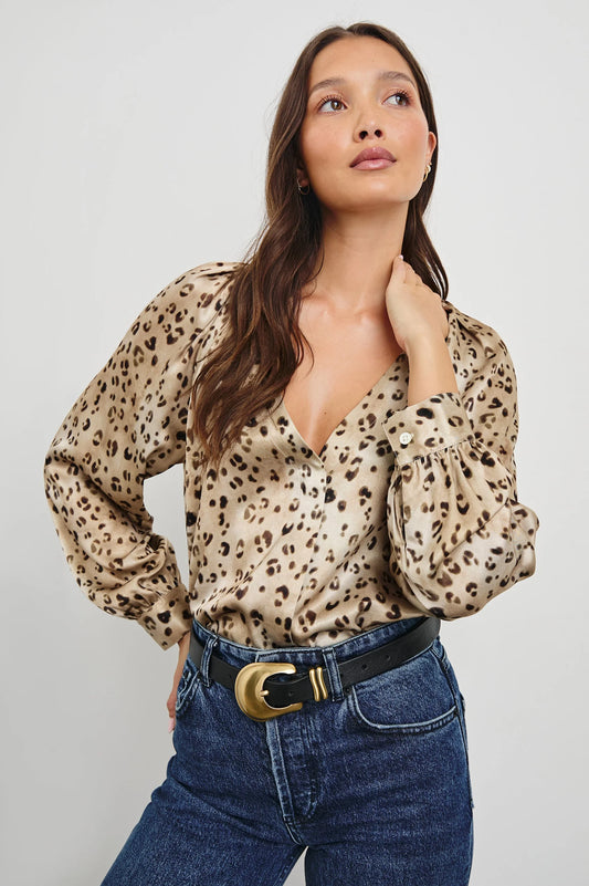 animal print champagne blouse with v neck model shot