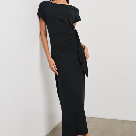 round neck short sleeve rouched waist mid length black dress from rails  model