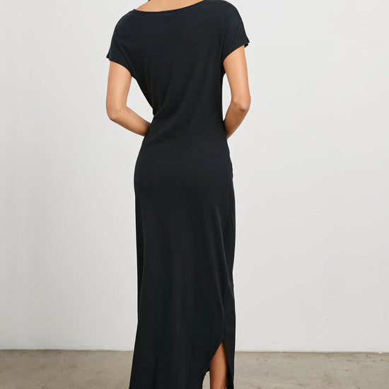 round neck short sleeve rouched waist mid length black dress from rails  rear 