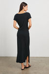 round neck short sleeve rouched waist mid length black dress from rails  rear 