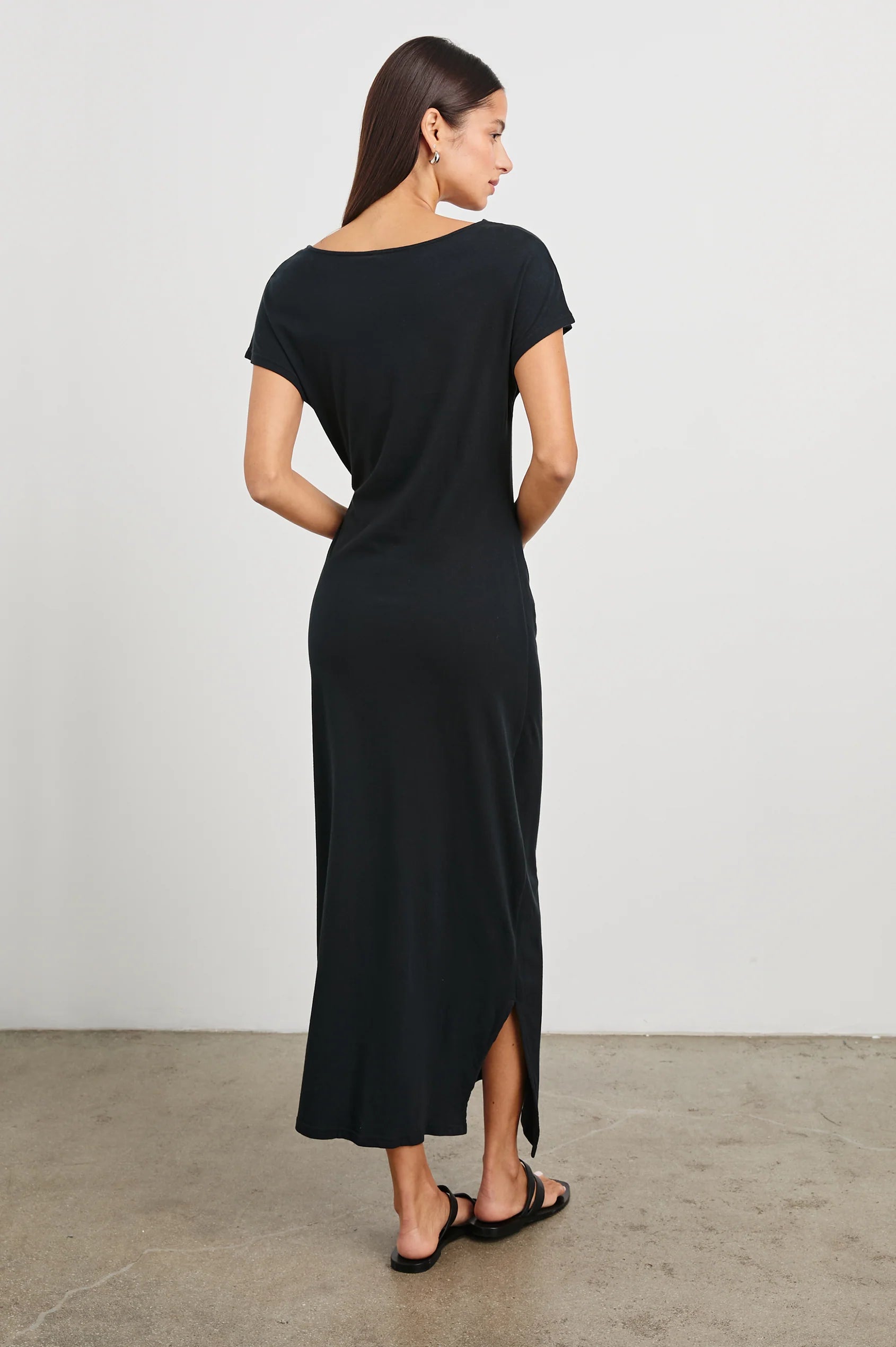 round neck short sleeve rouched waist mid length black dress from rails  rear 
