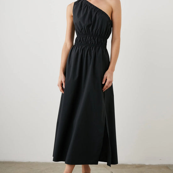 One shoulder black dress with side split and double elasticated waistband